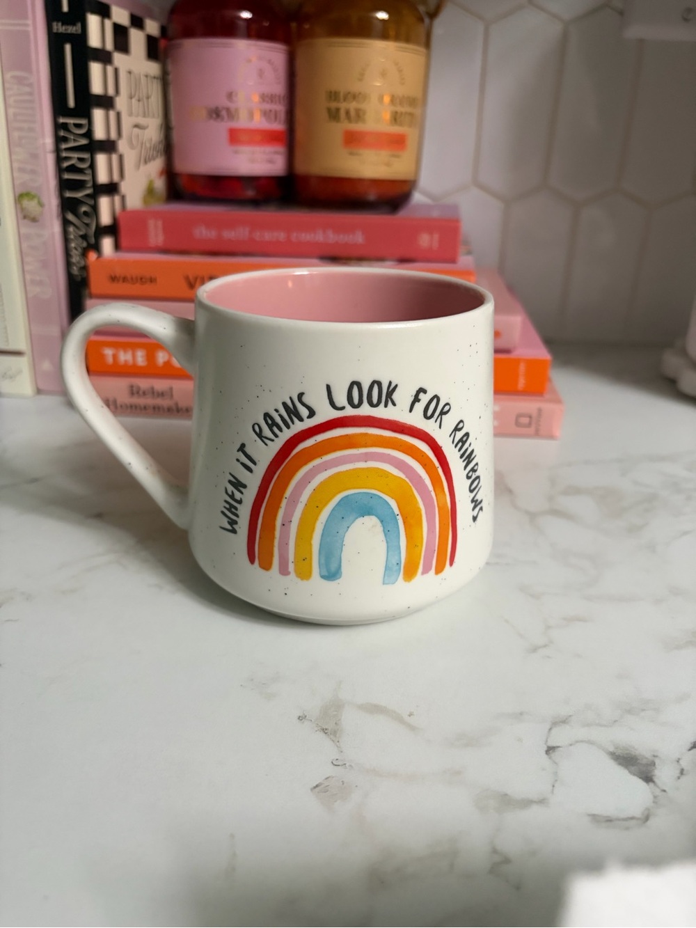 White Ceramic Mug with Rainbow Graphic and Pink Interior